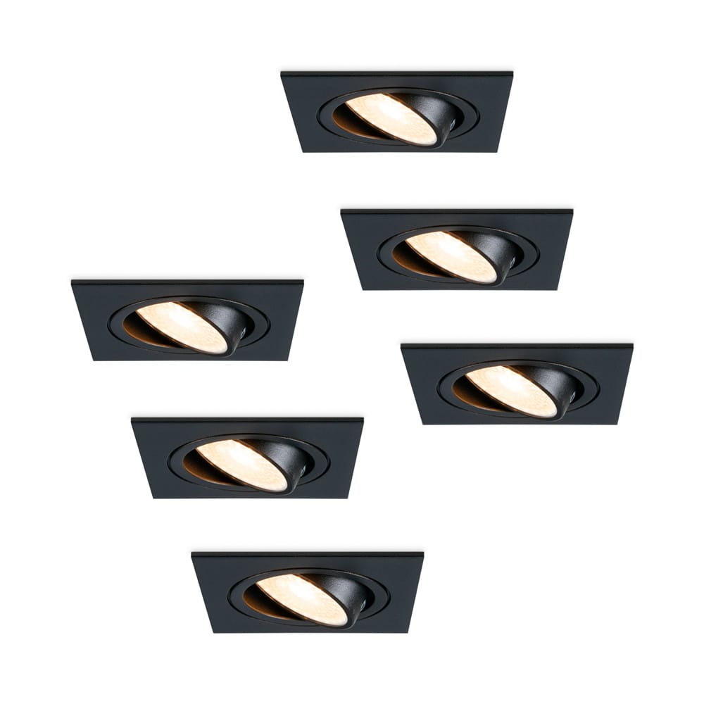 Set van 6 Mallorca LED inbouwspot - IP20 - Kantelbaar - 4 Watt 345 lumen - 2700K Neutraal wit - GU10 - Dimbaar - Vierkant - Voor binnen - Zwart afbeelding