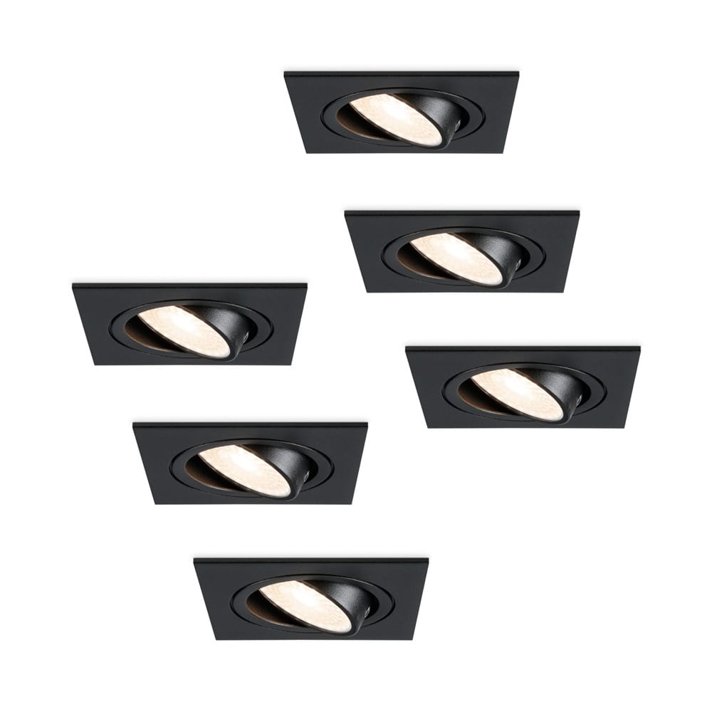 Set van 6 Mallorca LED inbouwspot - IP20 - Kantelbaar - 5 Watt 400 Lumen - 4000K Neutraal wit - GU10 - Dimbaar - Vierkant - Voor binnen - Zwart afbeelding