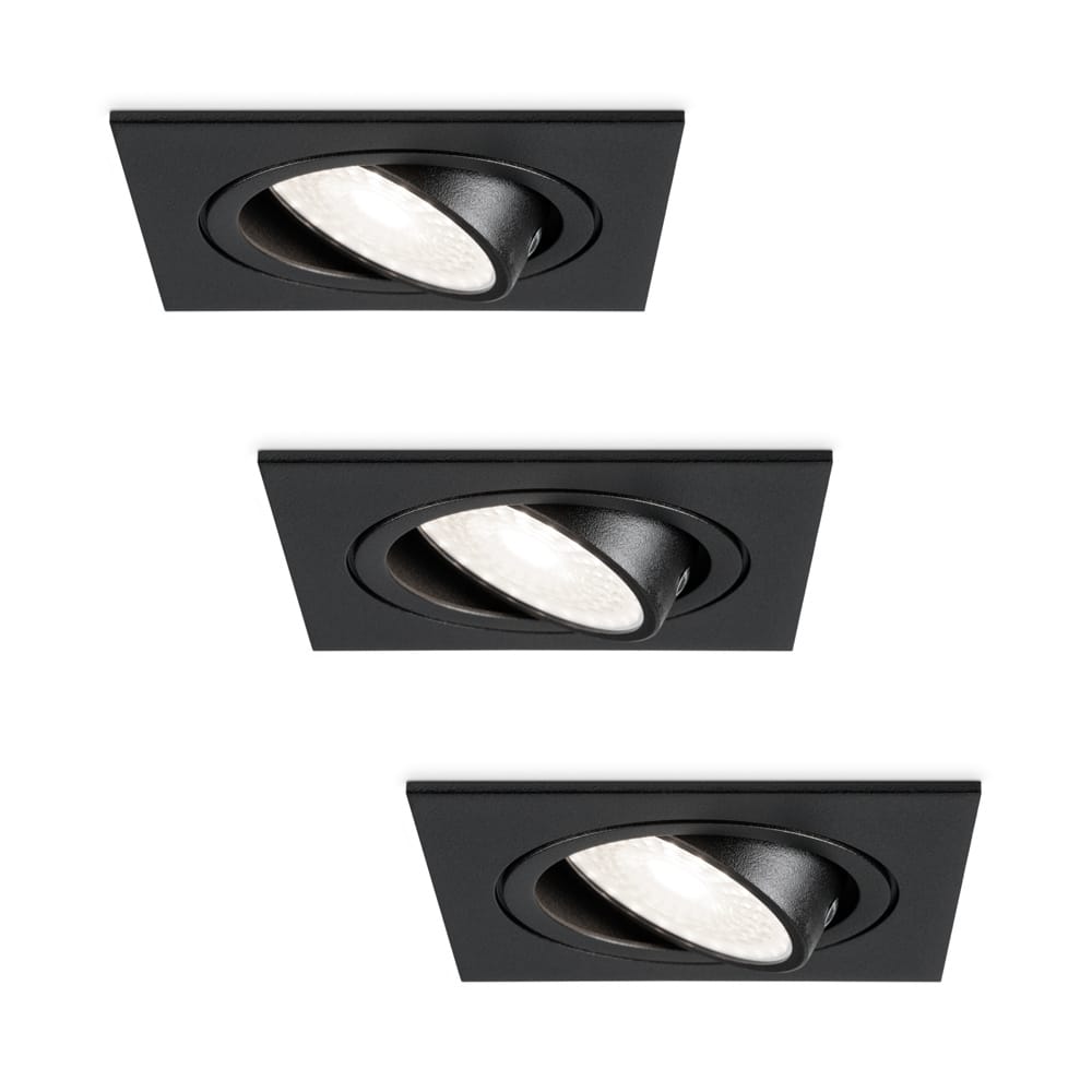 Set van 3 Mallorca LED inbouwspot - IP20 - Kantelbaar - 4 Watt 345 Lumen - 6500K Daglicht wit - GU10 - Dimbaar - Vierkant - Voor binnen - Zwart afbeelding 1