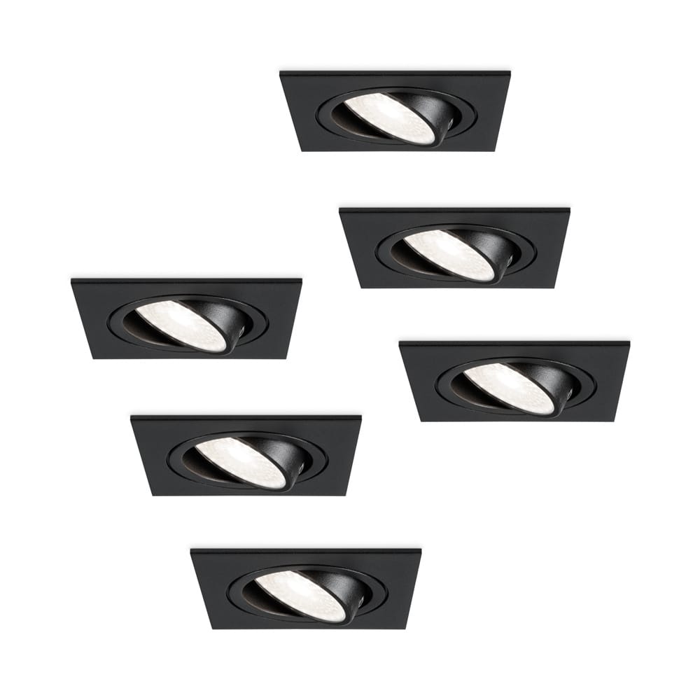 HOFTRONIC™ Set van 6 dimbare LED inbouwspots Mallorca zwart vierkant - Kantelbaar - 5 Watt - IP20 - 6000K Daglicht wit - GU10 armatuur - spotjes plafond