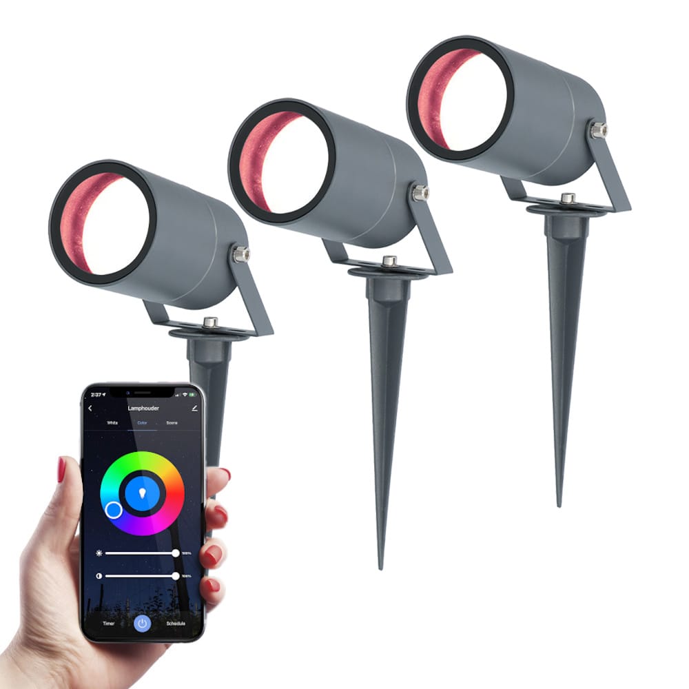 Set van 3 Spikey Smart prikspots - RGBWW - Wifi + Bluetooth - 5,5 Watt 345 lumen - IP65 Waterdicht - Bestuurbaar via app - Google Home, Amazon Alexa en Siri - Antraciet - Tuinspots afbeelding