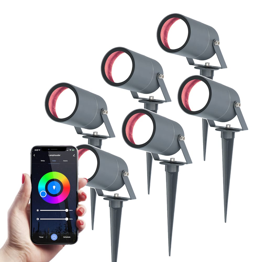 Set van 6 Spikey Smart prikspots - RGBWW - Wifi + Bluetooth - 5,5 Watt 345 lumen - IP65 Waterdicht - Bestuurbaar via app - Google Home, Amazon Alexa en Siri - Antraciet - Tuinspots afbeelding