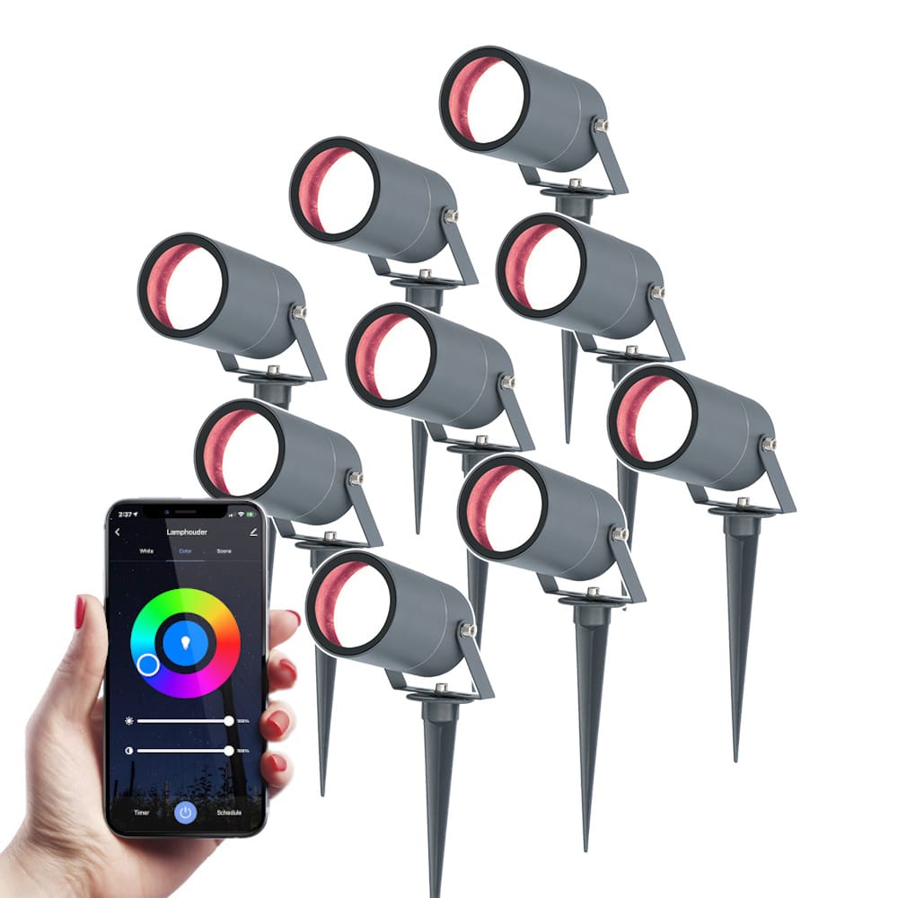 Set van 9 Spikey Smart prikspots - RGBWW - Wifi + Bluetooth - 5,5 Watt 345 lumen - IP65 Waterdicht - Bestuurbaar via app - Google Home, Amazon Alexa en Siri - Antraciet - Tuinspots afbeelding