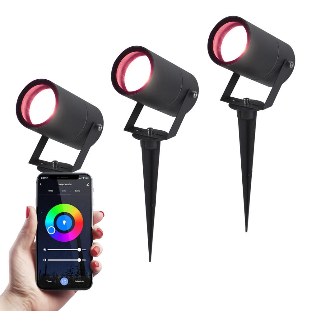 Set van 3 Spikey Smart prikspots - RGBWW - Wifi + Bluetooth - 5,5 Watt 345 lumen - IP65 Waterdicht - Bestuurbaar via app - Google Home, Amazon Alexa en Siri - Zwart - Tuinspots afbeelding