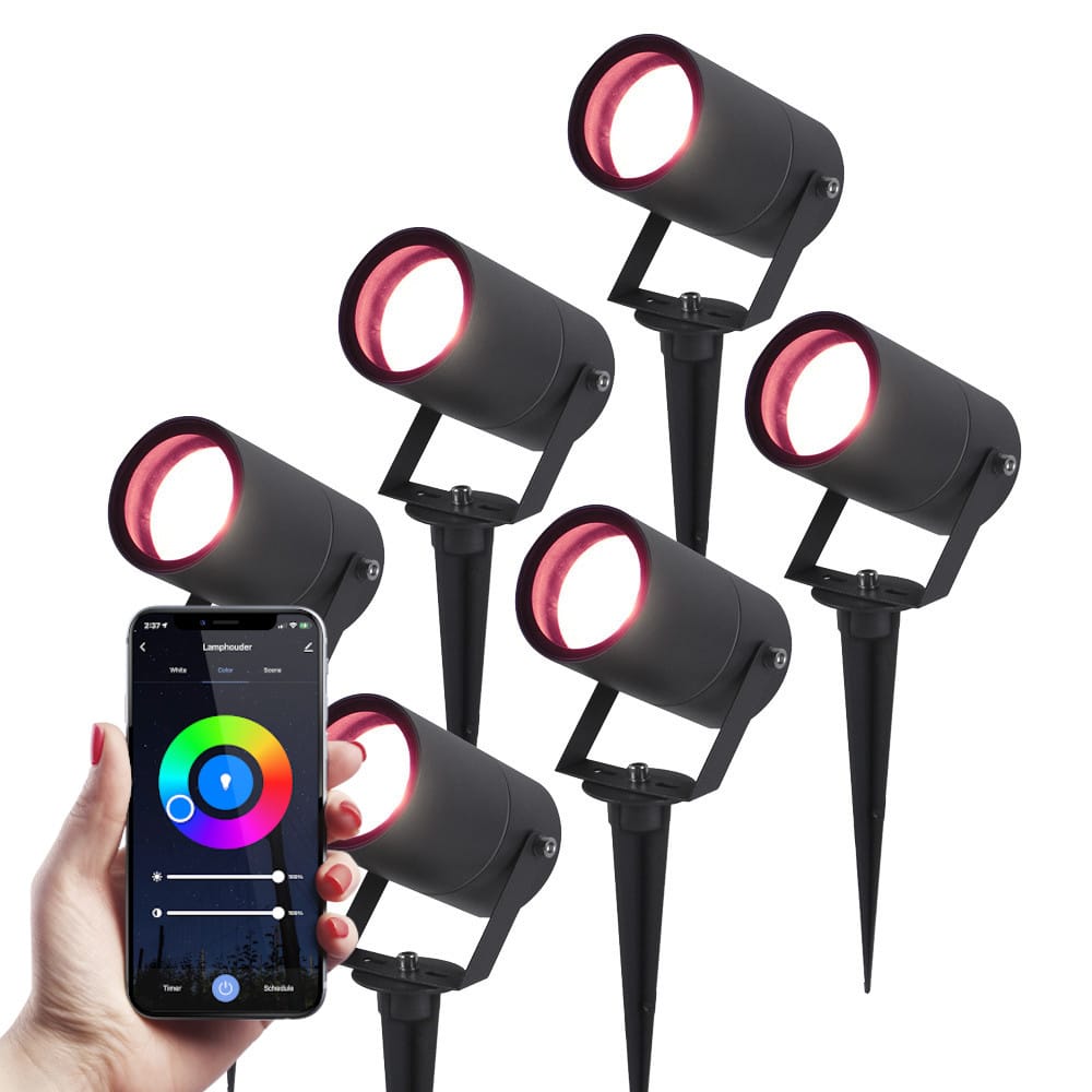 Set van 6 Spikey Smart prikspots - RGBWW - Wifi + Bluetooth - 5,5 Watt 345 lumen - IP65 Waterdicht - Bestuurbaar via app - Google Home, Amazon Alexa en Siri - Zwart - Tuinspots afbeelding