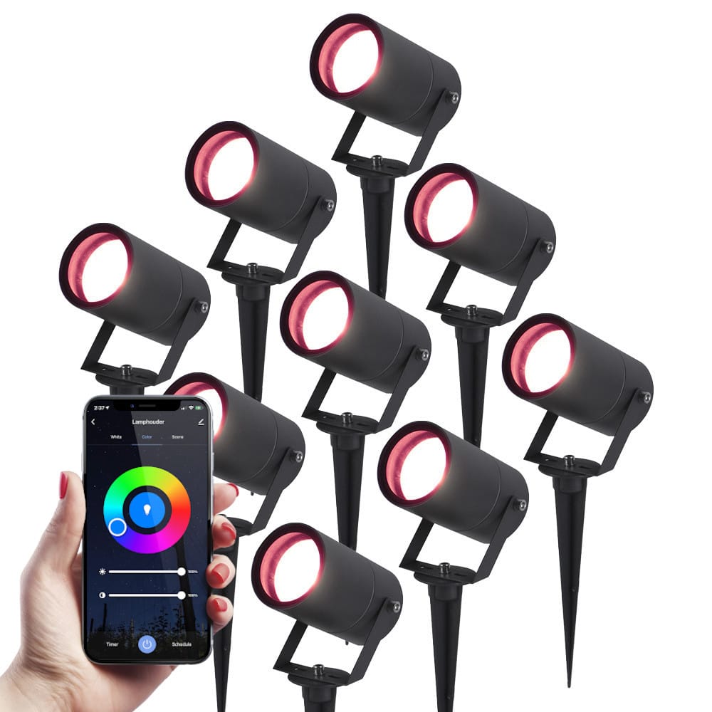 Set van 9 Spikey Smart prikspots - RGBWW - Wifi + Bluetooth - 5,5 Watt 345 lumen - IP65 Waterdicht - Bestuurbaar via app - Google Home, Amazon Alexa en Siri - Zwart - Tuinspots afbeelding
