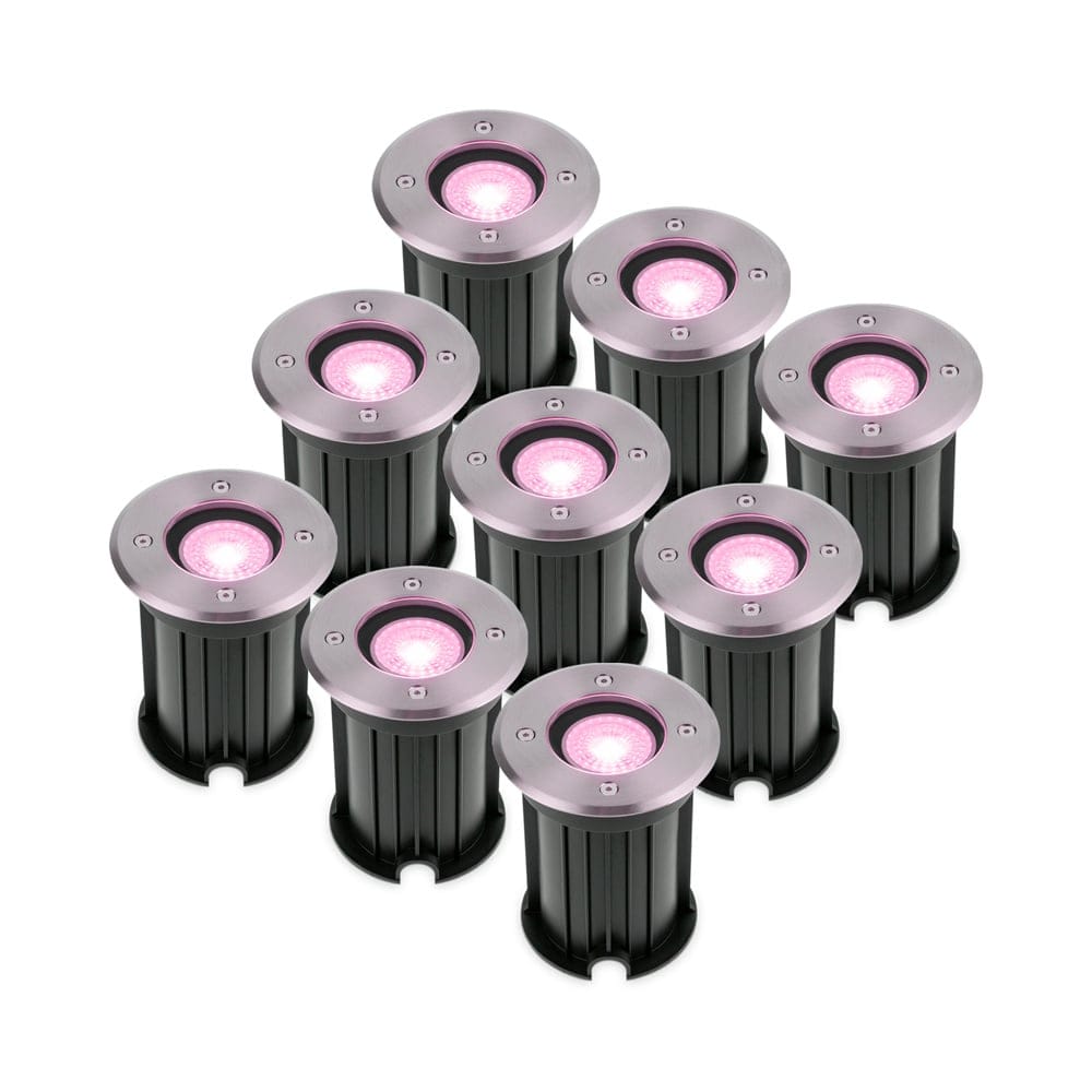 Set van 9 Maisy Smart Grondspots Rond - Ø12cm - 5.5 Watt 345 lumen - RGBWW - Wifi + Bluetooth - Bestuurbaar via app - IP67 waterdicht - Google Home - Amazon Alexa - RVS