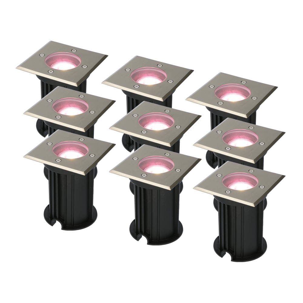 Set van 9 Ramsay Smart Grondspots buiten - Vierkant - 5,5 Watt 400 lumen - RGBWW - Wifi + Bluetooth - Bestuurbaar via app - IP67 - Google Home - Amazon Alexa - RVS afbeelding