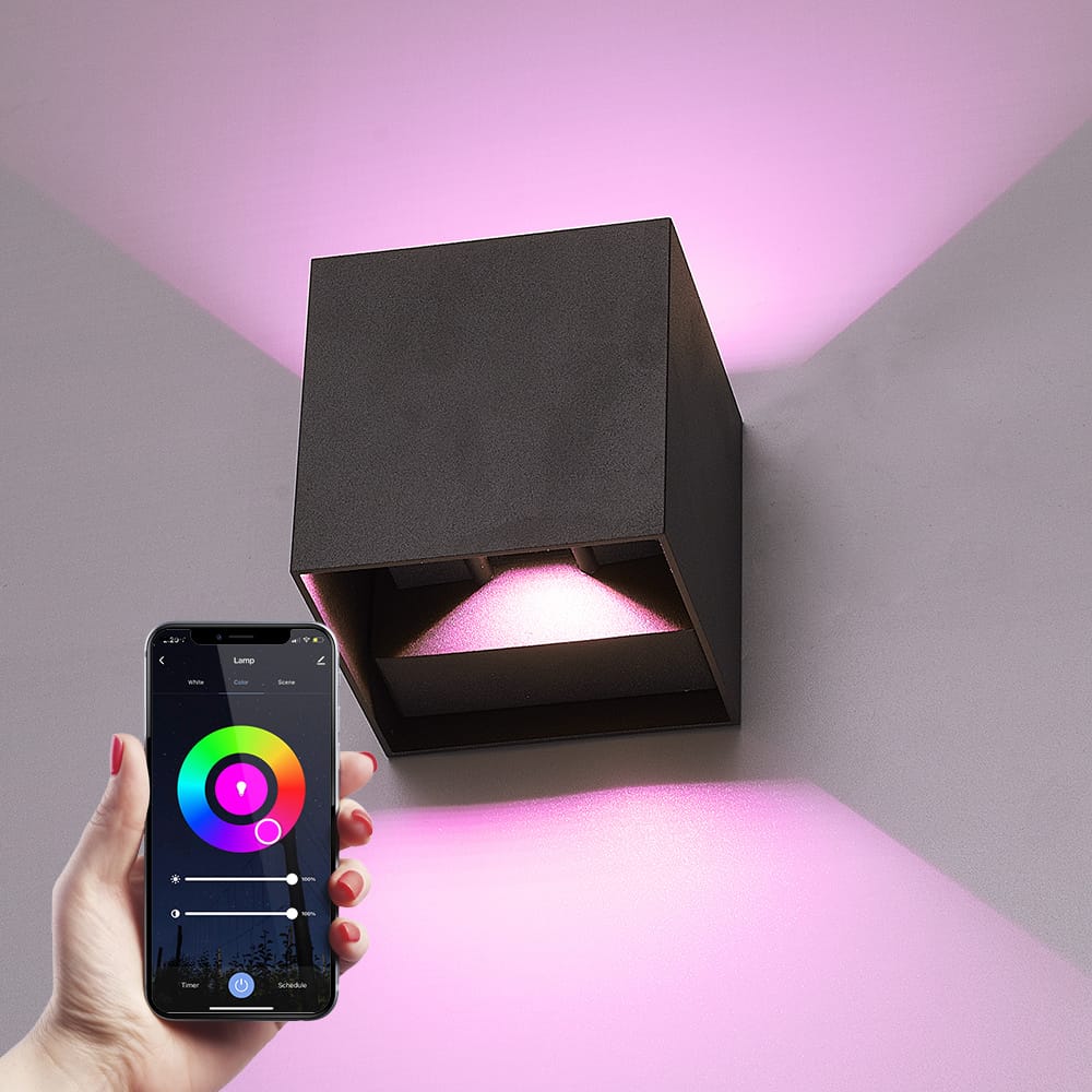 Kansas Smart Wandlamp LED Kubus - Wifi + Bluetooth - 6 Watt 560lm - Dimbaar - RGBWW - IP65 waterdicht - Up&Down lamp - Verstelbaar - Zwart - Google Home, Amazon Alexa en Siri afbeelding