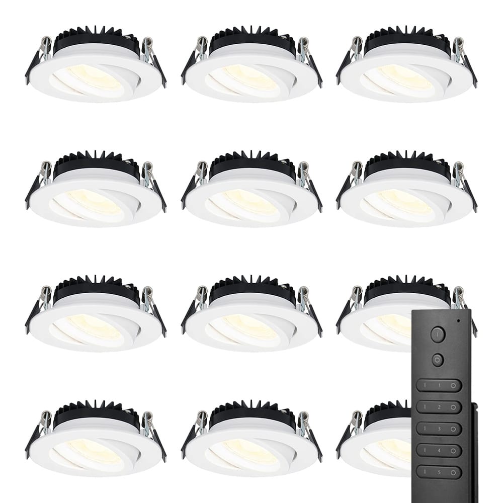 HOFTRONIC™ Set van 12 dimbare LED inbouwspots Rome - Wit - 6 Watt - Kantelbaar - 2700K warm wit - IP44 - Inclusief afstandsbediening - Geringe inbouwdiepte