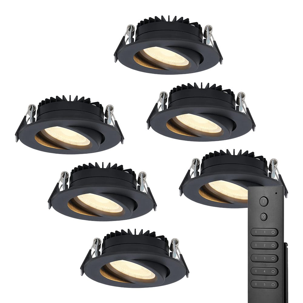 6x LED inbouwspots Rome - Zwart - 6 Watt 500 lumen - Kantelbaar - Dimbaar - 2700K warm wit - IP44 Waterdicht - Inclusief afstandsbediening - Geringe inbouwdiepte afbeelding