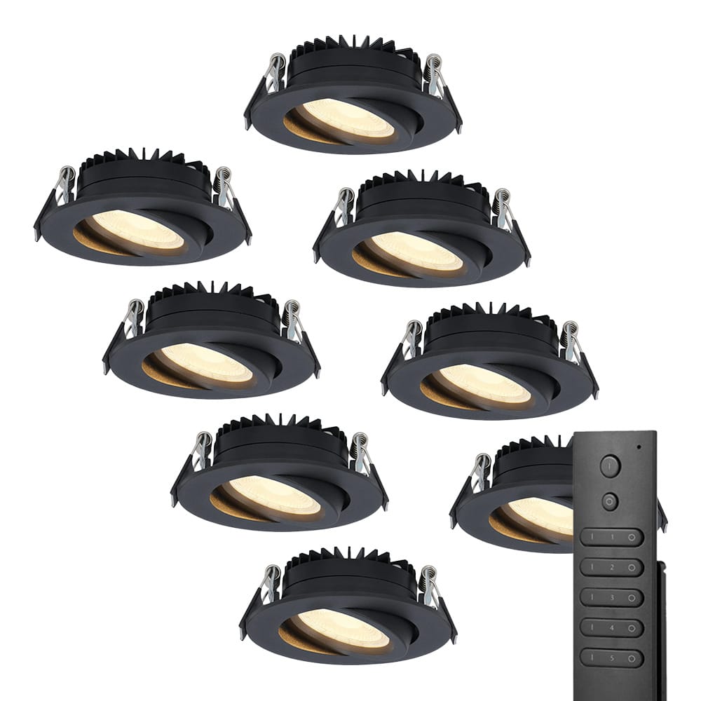 8x LED inbouwspots Rome - Zwart - 6 Watt 500 lumen - Kantelbaar - Dimbaar - 2700K warm wit - IP44 Waterdicht - Inclusief afstandsbediening - Geringe inbouwdiepte afbeelding