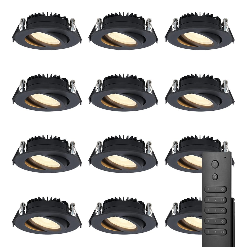 12x LED inbouwspots Rome - Zwart - 6 Watt 500 lumen - Kantelbaar - Dimbaar - 2700K warm wit - IP44 Waterdicht - Inclusief afstandsbediening - Geringe inbouwdiepte afbeelding