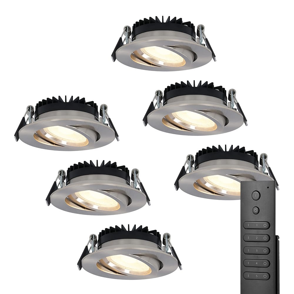 HOFTRONIC™ Set van 6 dimbare LED inbouwspots Rome - RVS - 6 Watt - Kantelbaar - 2700K warm wit - IP44 - Inclusief afstandsbediening - Geringe inbouwdiepte
