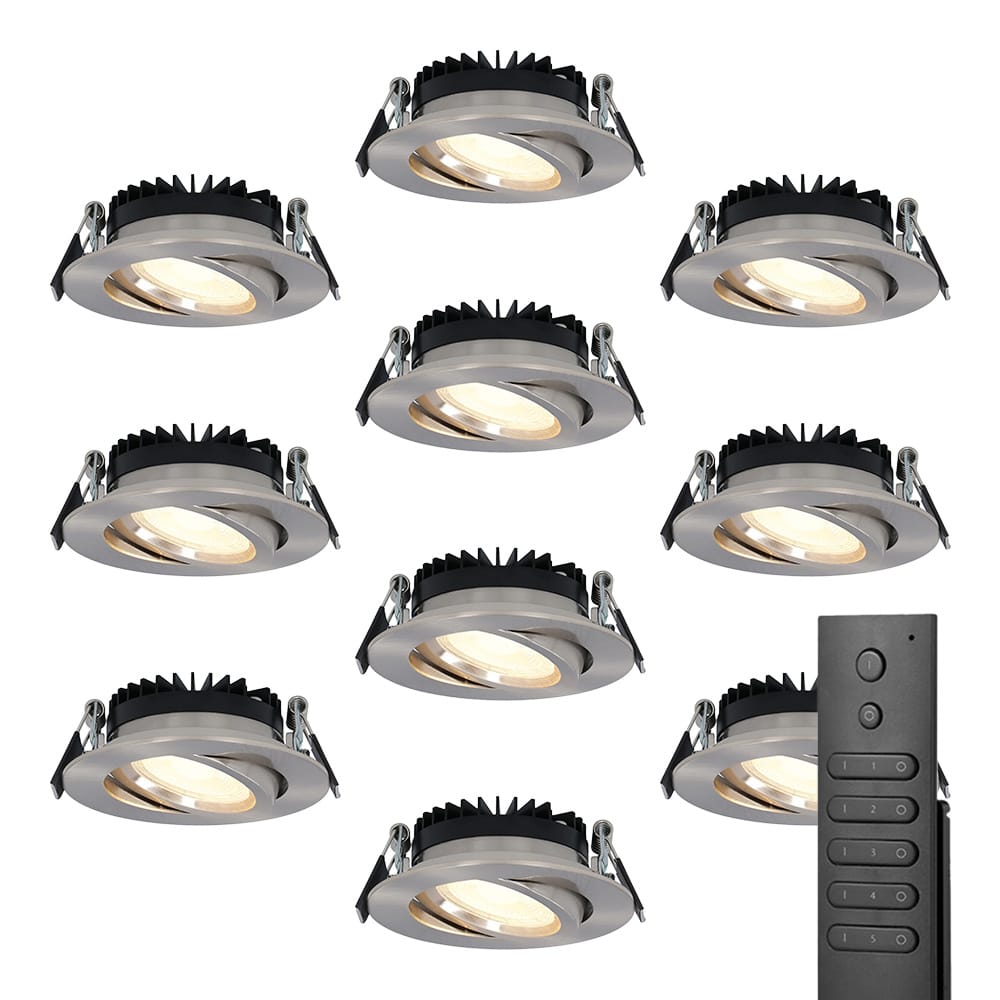 HOFTRONIC™ Set van 10 dimbare LED inbouwspots Rome - RVS - 6 Watt - Kantelbaar - 2700K warm wit - IP44 - Inclusief afstandsbediening - Geringe inbouwdiepte