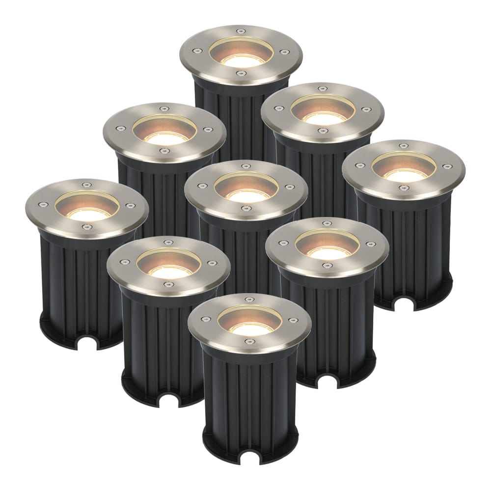 Set van 9 Maisy LED Grondspots Rond - Dimbaar - GU10 - 2700K warm wit - 4 Watt 345 lumen - Rond - Ø12cm - Tuinspot - Oprit - RVS - IP67 waterdicht