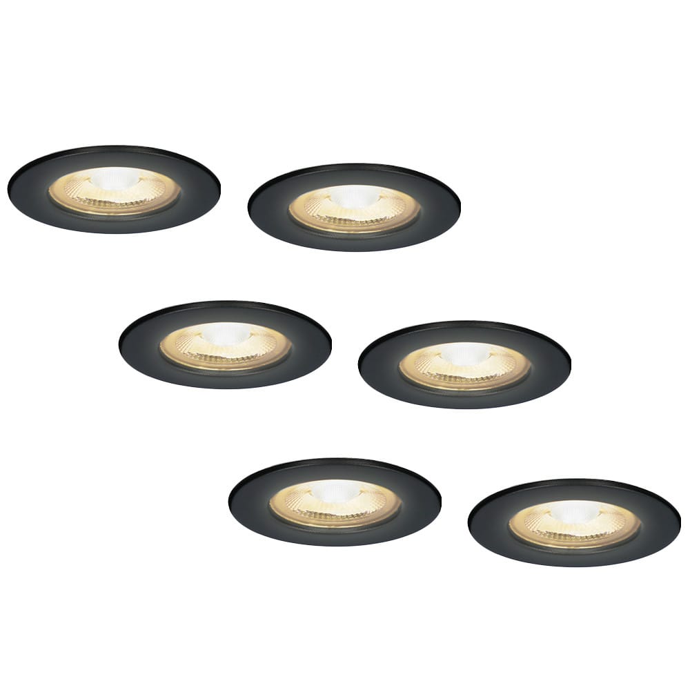 Set van 6 Nola LED inbouwspots Lage inbouwdiepte (49mm) 5 Watt 480 lumen 2700K warm wit Dimbaar Rond IP65 waterdicht voor binnen, buiten en badkamer Zwart