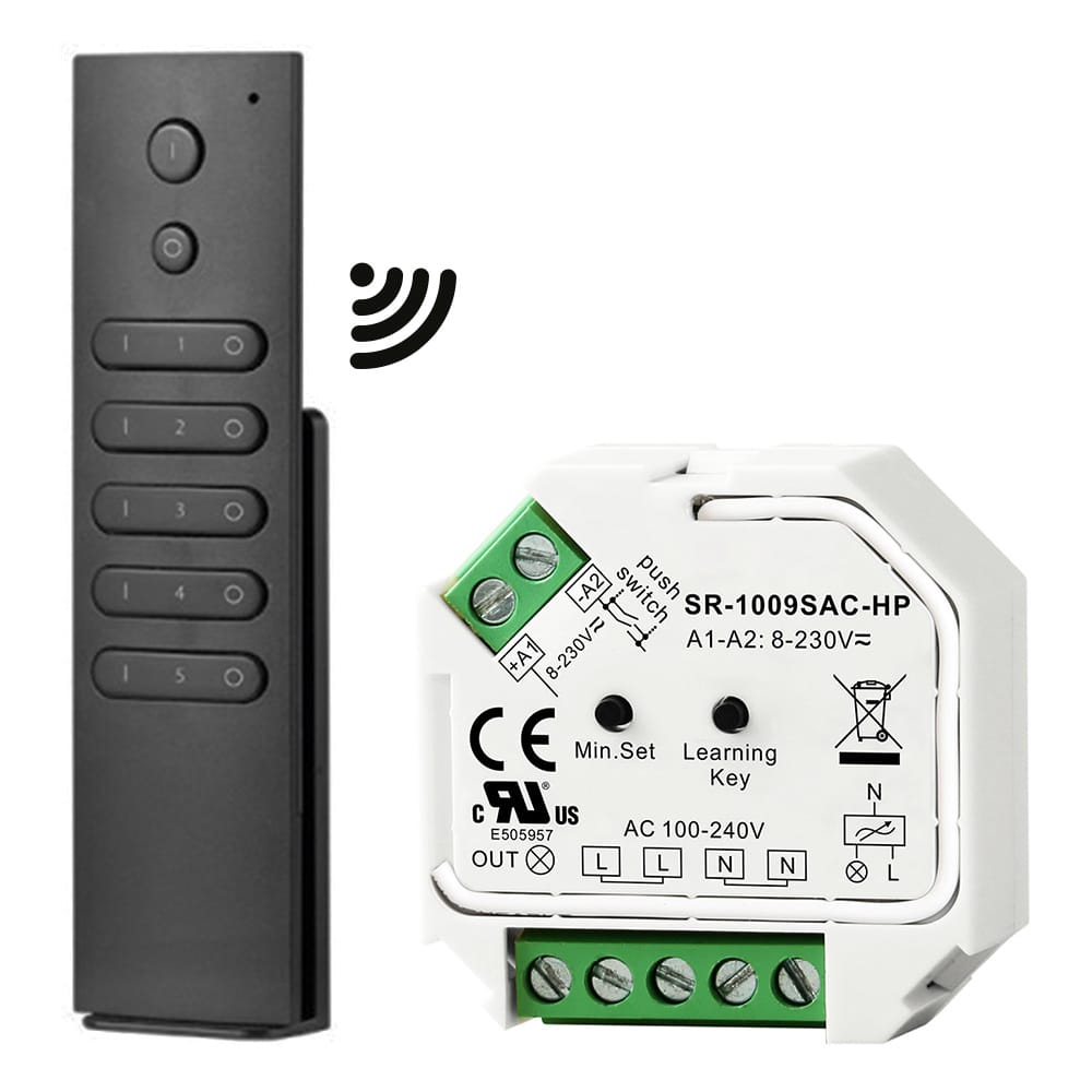 LED dimmer/ontvanger - Draadloos - Incl. 5-kanaals zwarte afstandsbediening - Geschikt voor inbouw & opbouw - Maximaal 400 Watt afbeelding