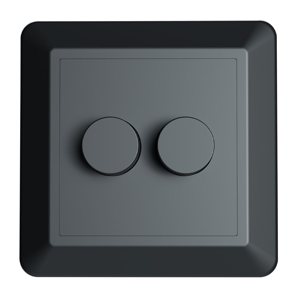 Afdekmateriaal met dubbele dimmerknop - Geschikt voor LED Dimmers - Incl. centraalplaat en raamwerk - Druk/draaischakelaar - Mat zwart afbeelding