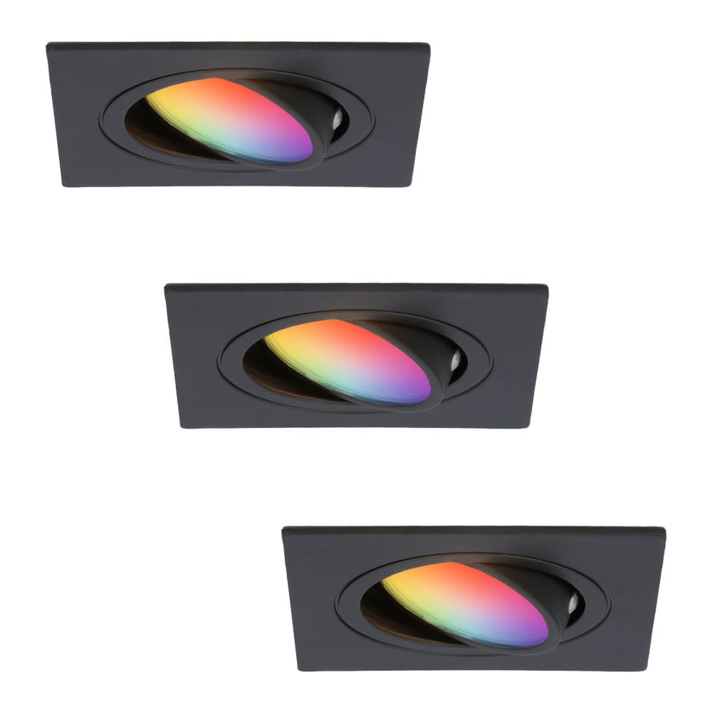 Set van 3 Mallorca - LED inbouwspot - IP20 - Kantelbaar - 5,5 Watt 345 Lumen - Wifi + Bluetooth - RGBWW - GU10 - Google Home, Amazon Alexa en Siri - Vierkant - Voor binnen - Zwart afbeelding