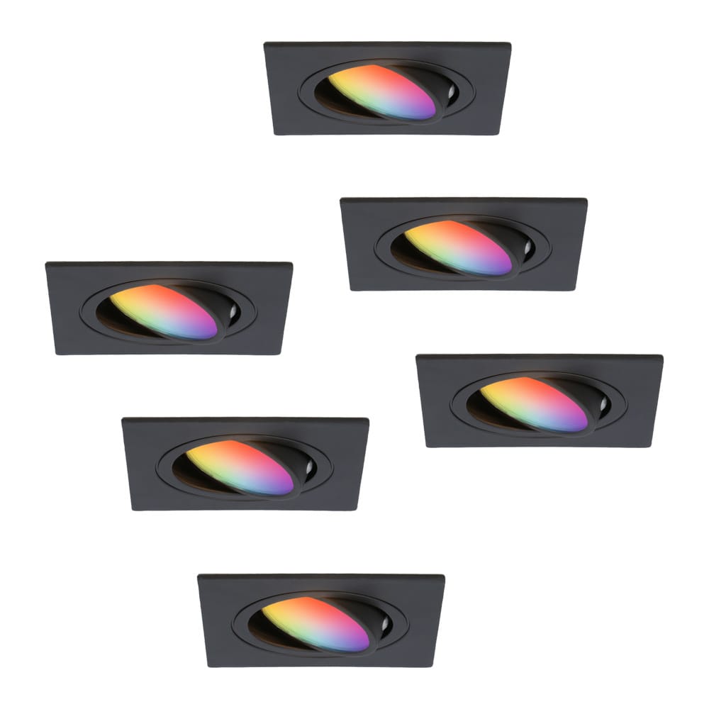 Set van 6 Mallorca - LED inbouwspot - IP20 - Kantelbaar - 5,5 Watt 345 Lumen - Wifi + Bluetooth - RGBWW - GU10 - Google Home, Amazon Alexa en Siri - Vierkant - Voor binnen - Zwart afbeelding