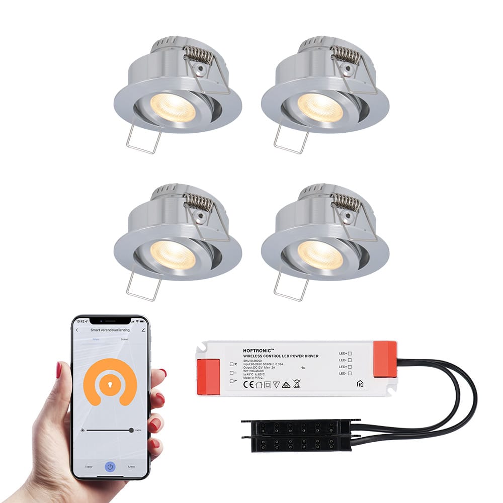 Set van 4 Sienna Smart LED Mini Inbouwspots - Veranda spots - 12V 3W 200lm - Dimbaar - Kantelbaar - Wifi & Bluetooth - 2700K - IP44 - RVS afbeelding
