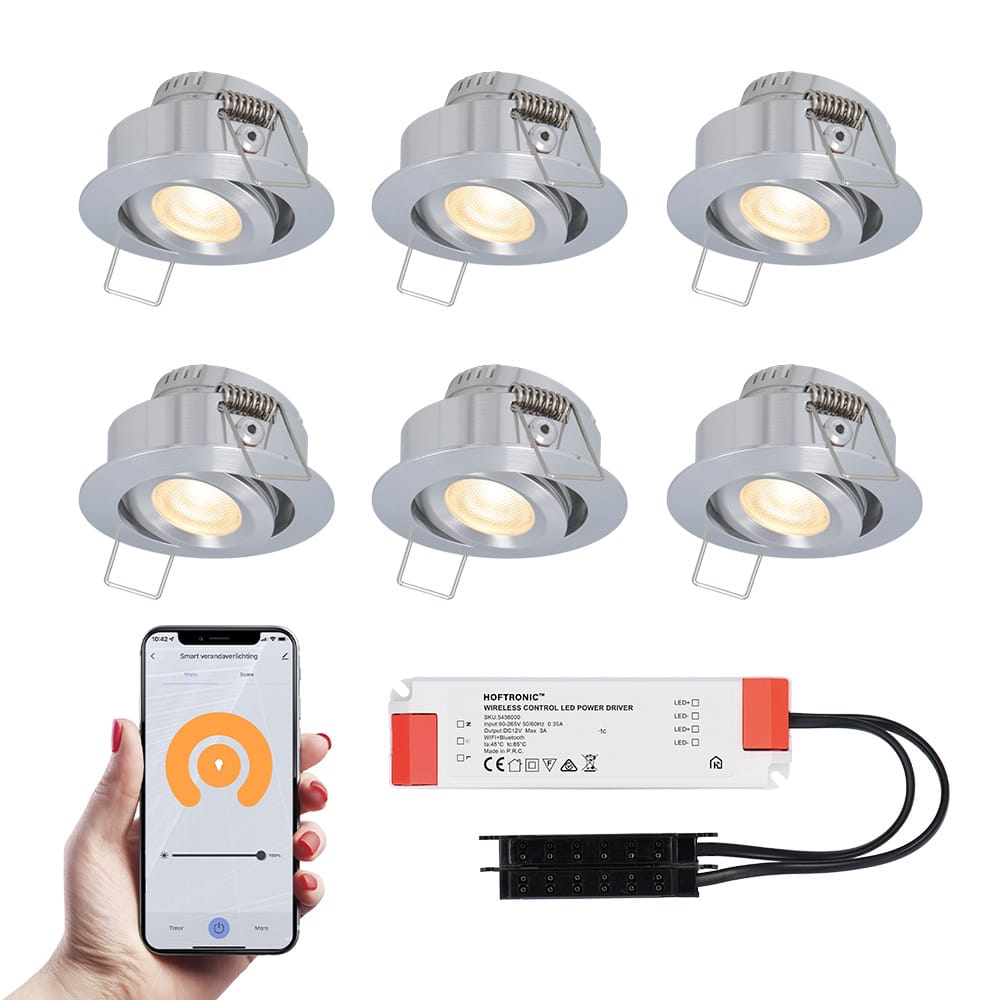 Set van 6 Sienna Smart LED Mini Inbouwspots - Veranda spots - 12V 3W 200lm - Dimbaar - Kantelbaar - Wifi & Bluetooth - 2700K - IP44 - RVS afbeelding