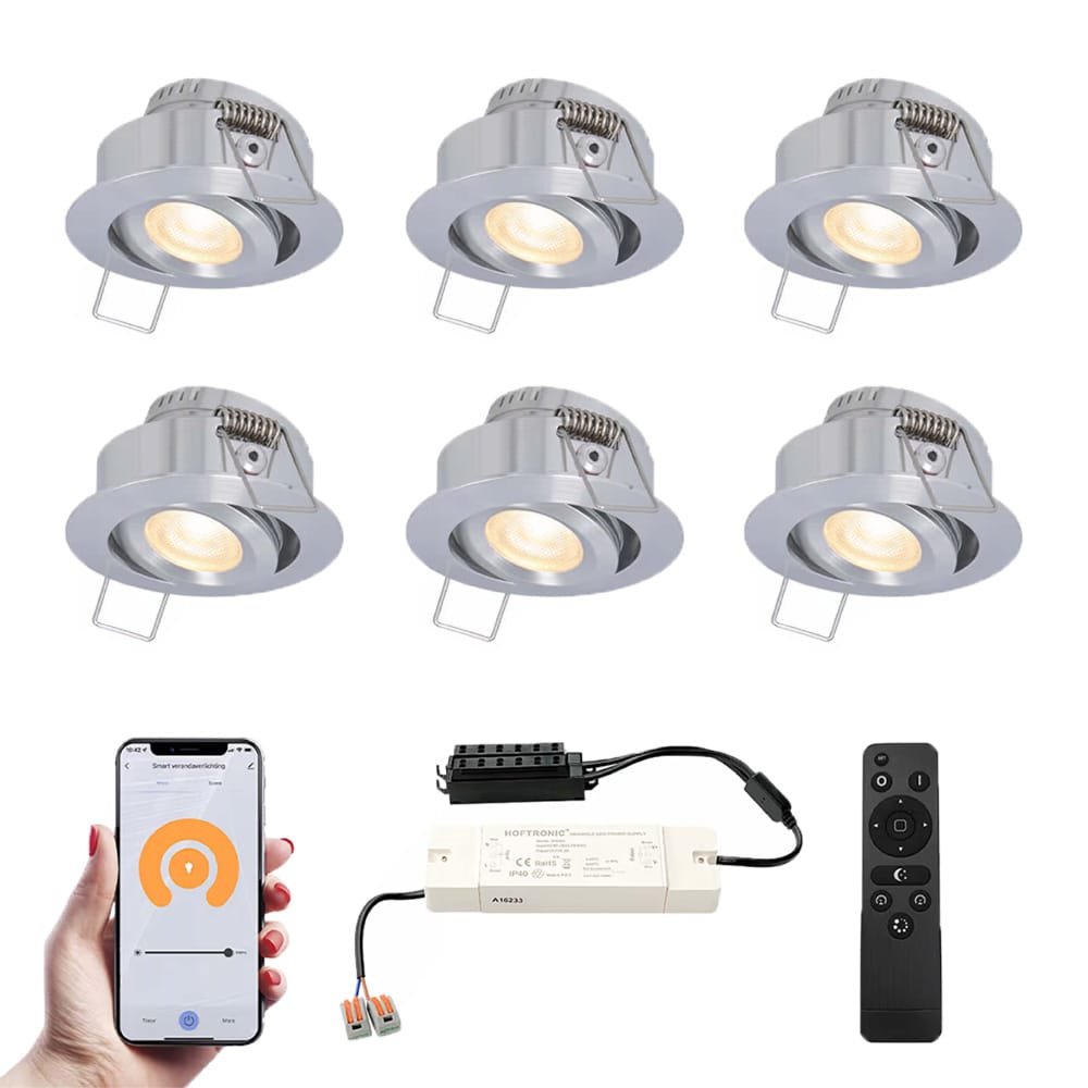 Set van 6 Sienna Smart LED Mini Inbouwspots - Veranda spots - 12V 3W 200lm - Dimbaar - Kantelbaar - Wifi & Bluetooth - 2700K - IP44 - RVS afbeelding 1