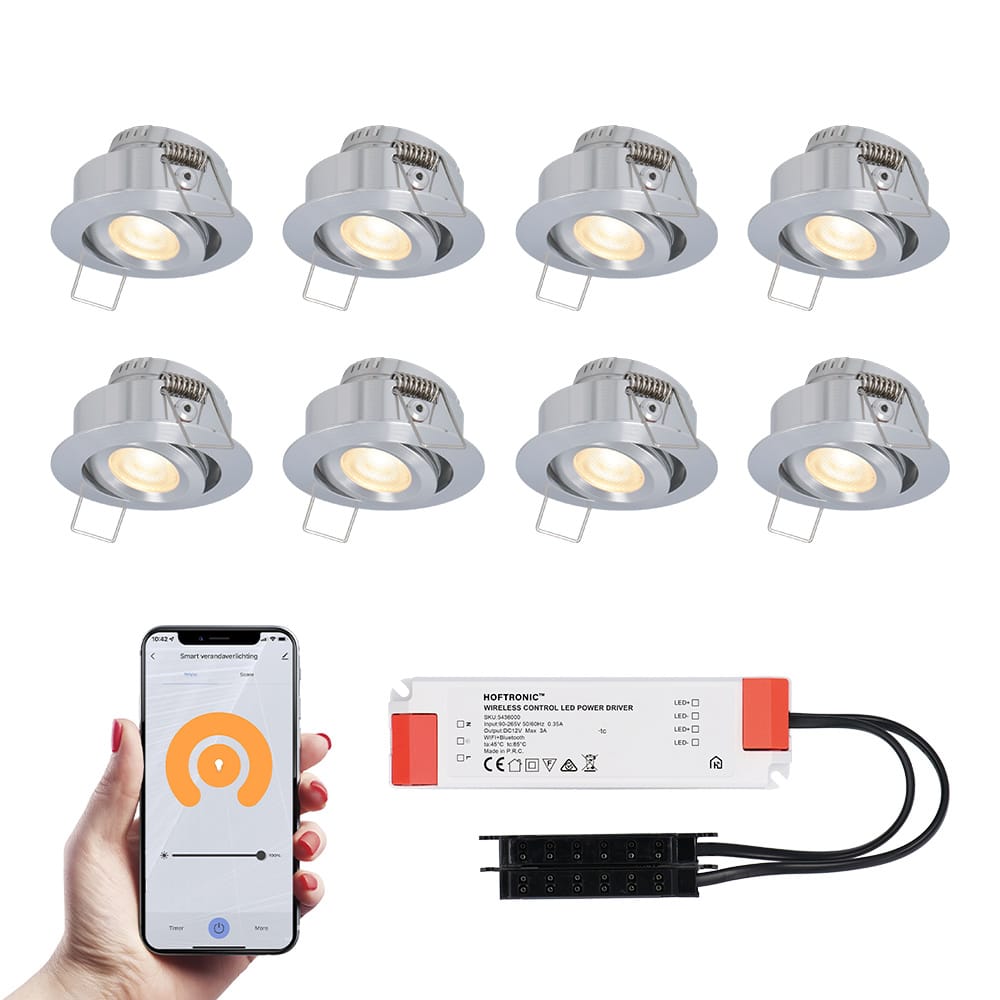 Set van 8 Sienna Smart LED Mini Inbouwspots - Veranda spots - 12V 3W 200lm - Dimbaar - Kantelbaar - Wifi & Bluetooth - 2700K - IP44 - RVS afbeelding