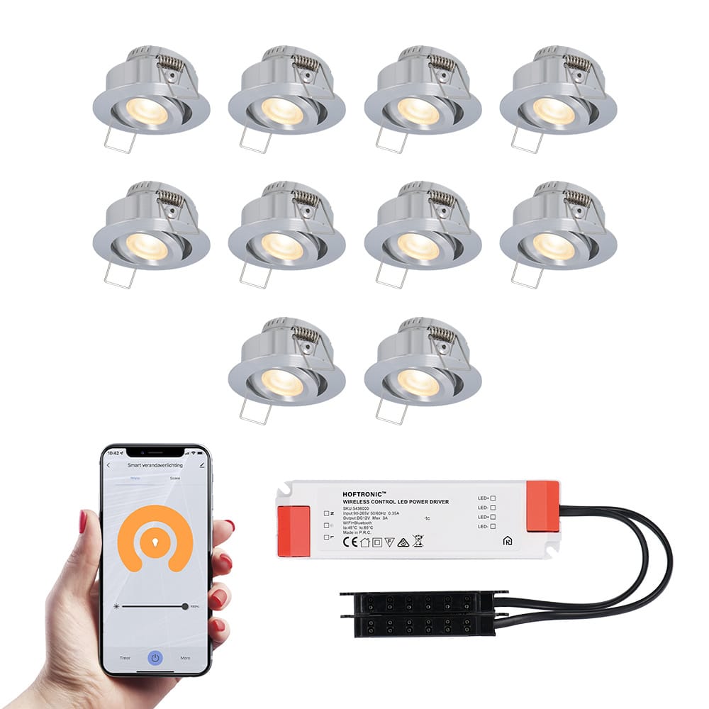 Set van 10 Sienna Smart LED Mini Inbouwspots - Veranda spots - 12V 3W 200lm - Dimbaar - Kantelbaar - Wifi & Bluetooth - 2700K - IP44 - RVS afbeelding