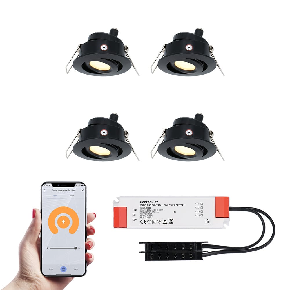 Set van 4 Sienna Smart LED Mini Inbouwspots - Veranda spots - 12V 3W 200lm - Dimbaar - Kantelbaar - Wifi & Bluetooth - 2700K - IP44 - Zwart afbeelding