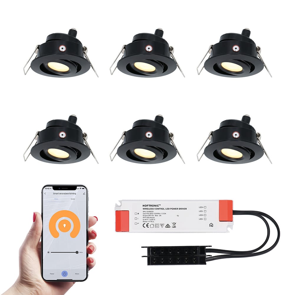Set van 6 Sienna Smart LED Mini Inbouwspots - Veranda spots - 12V 3W 200lm - Dimbaar - Kantelbaar - Wifi & Bluetooth - 2700K - IP44 - Zwart afbeelding