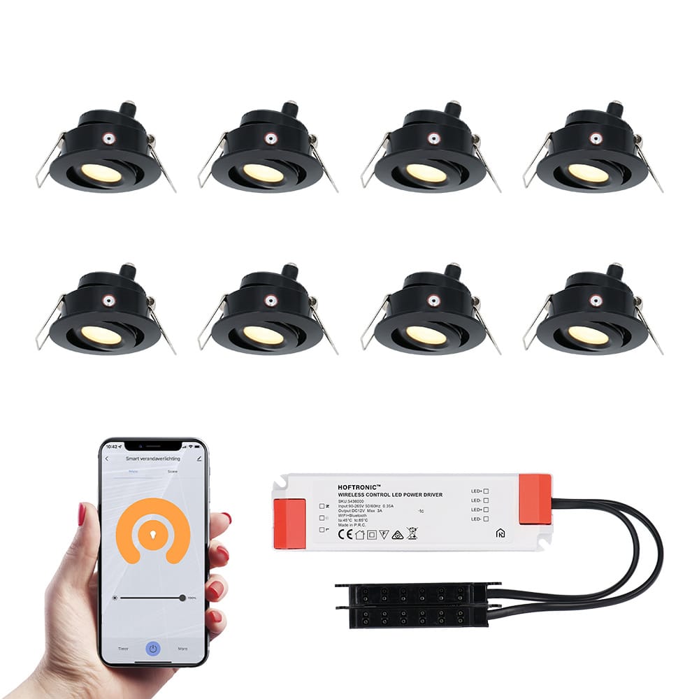 Set van 8 Sienna Smart LED Mini Inbouwspots - Veranda spots - 12V 3W 200lm - Dimbaar - Kantelbaar - Wifi & Bluetooth - 2700K - IP44 - Zwart afbeelding