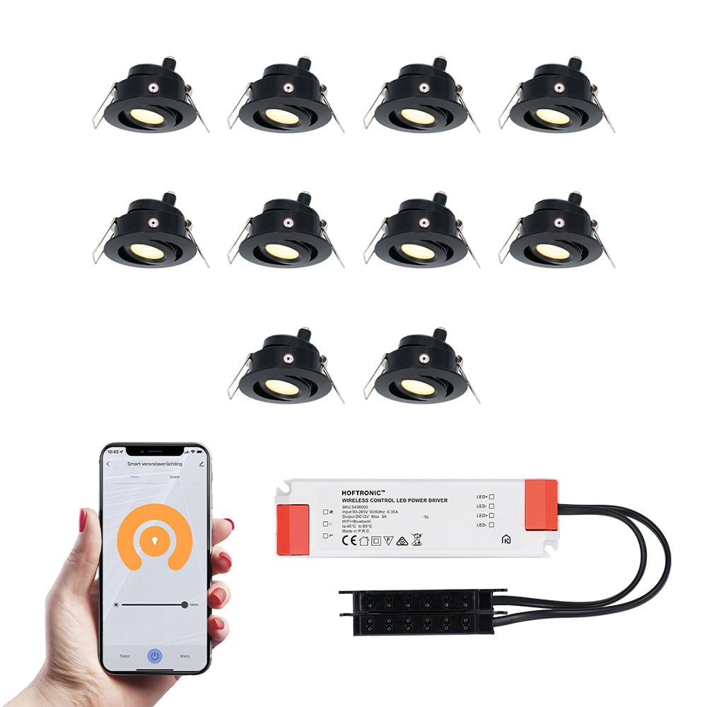 Set van 10 Sienna Smart LED Mini Inbouwspots - Veranda spots - 12V 3W 200lm - Dimbaar - Kantelbaar - Wifi & Bluetooth - 2700K - IP44 - Zwart afbeelding