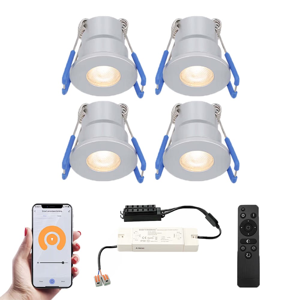 Set van 4 Milano Smart LED Mini Inbouwspots Veranda spots 12V 3W 200lm Dimbaar Wifi Bluetooth 2700K IP65 waterdicht RVS