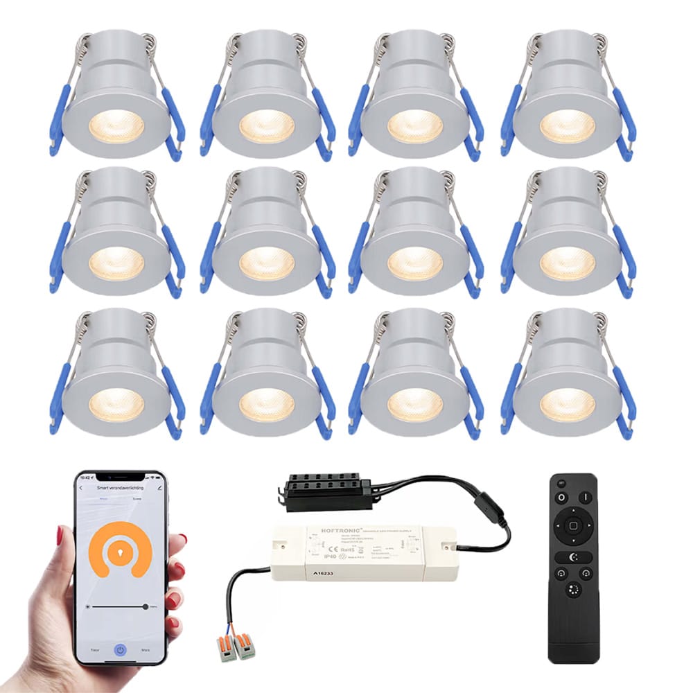 Set van 12 Milano Smart LED Mini Inbouwspots - Veranda spots - 12V 3W 200lm - Dimbaar - Wifi & Bluet