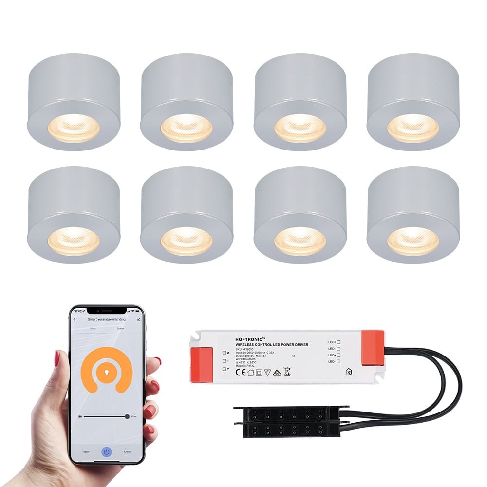 Set van 8 Navarra Smart LED Mini opbouwspots - Veranda spots - 12V 3W 200lm - Dimbaar - Wifi & Bluetooth - 2700K - IP44 waterdicht - RVS afbeelding