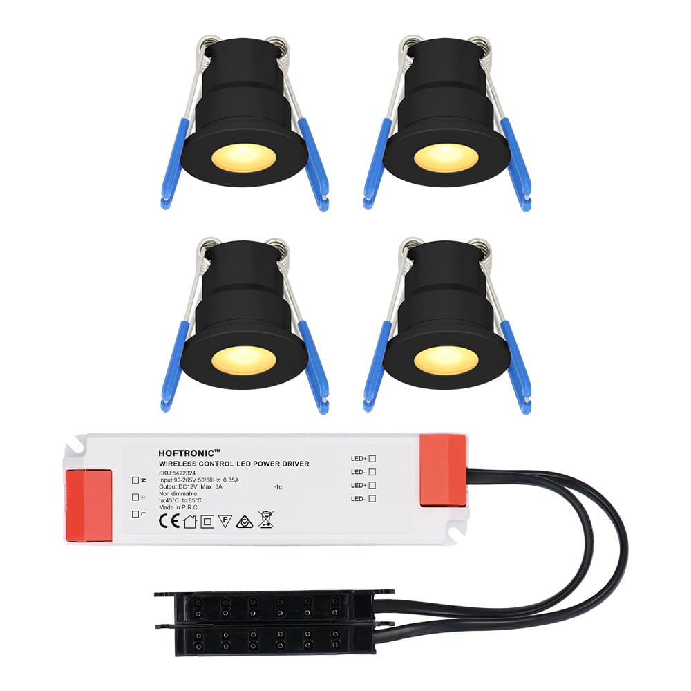 Set van 4 Milano LED Mini Inbouwspots met trafo - 12 Volt 3 Watt 200 lumen - Plat 34mm - 2700K - IP65 waterdicht - Zwart afbeelding