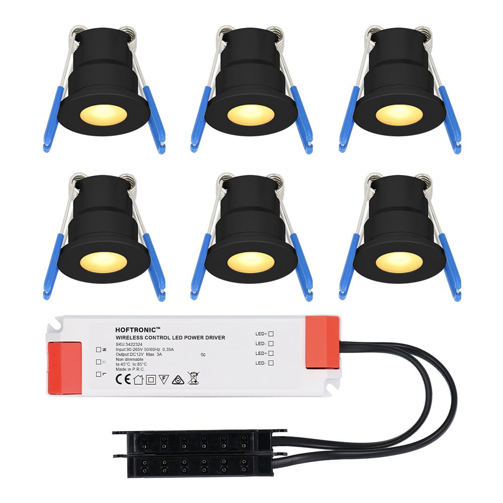 Set van 6 Milano LED Mini Inbouwspots met trafo - 12 Volt 3 Watt 200 lumen - Plat 34mm - 2700K - IP65 waterdicht - Zwart afbeelding