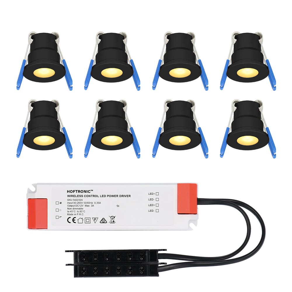 Set van 8 Milano LED Mini Inbouwspots met trafo - 12 Volt 3 Watt 200 lumen - Plat 34mm - 2700K - IP65 waterdicht - Zwart afbeelding