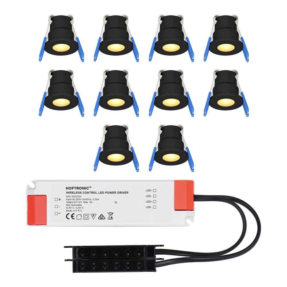 Set van 10 Milano LED Mini Inbouwspots met trafo - 12 Volt 3 Watt 200 lumen - Plat 34mm - 2700K - IP65 waterdicht - Zwart afbeelding