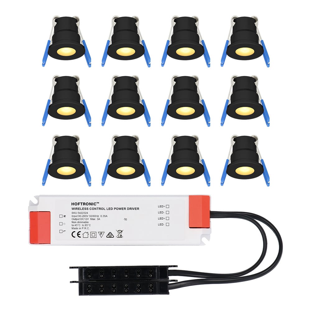 Set van 12 Milano LED Mini Inbouwspots met trafo 12 Volt 3 Watt 200 lumen Plat 34mm 2700K IP65 waterdicht Zwart