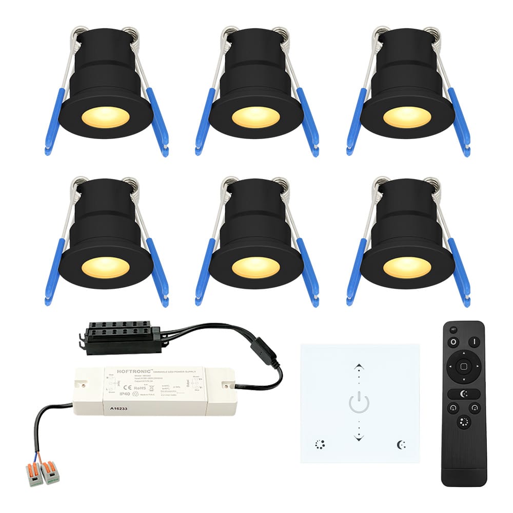 Set van 6 Milano LED Mini Inbouwspots met trafo en muurdimmer 12 Volt 3 Watt 200 lumen Dimbaar Plat 34mm 2700K IP65 waterdicht Zwart