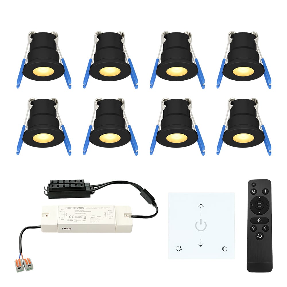 Set van 8 Milano LED Mini Inbouwspots met trafo en muurdimmer - 12 Volt 3 Watt 200 lumen - Dimbaar - Plat 34mm - 2700K - IP65 waterdicht - Zwart afbeelding