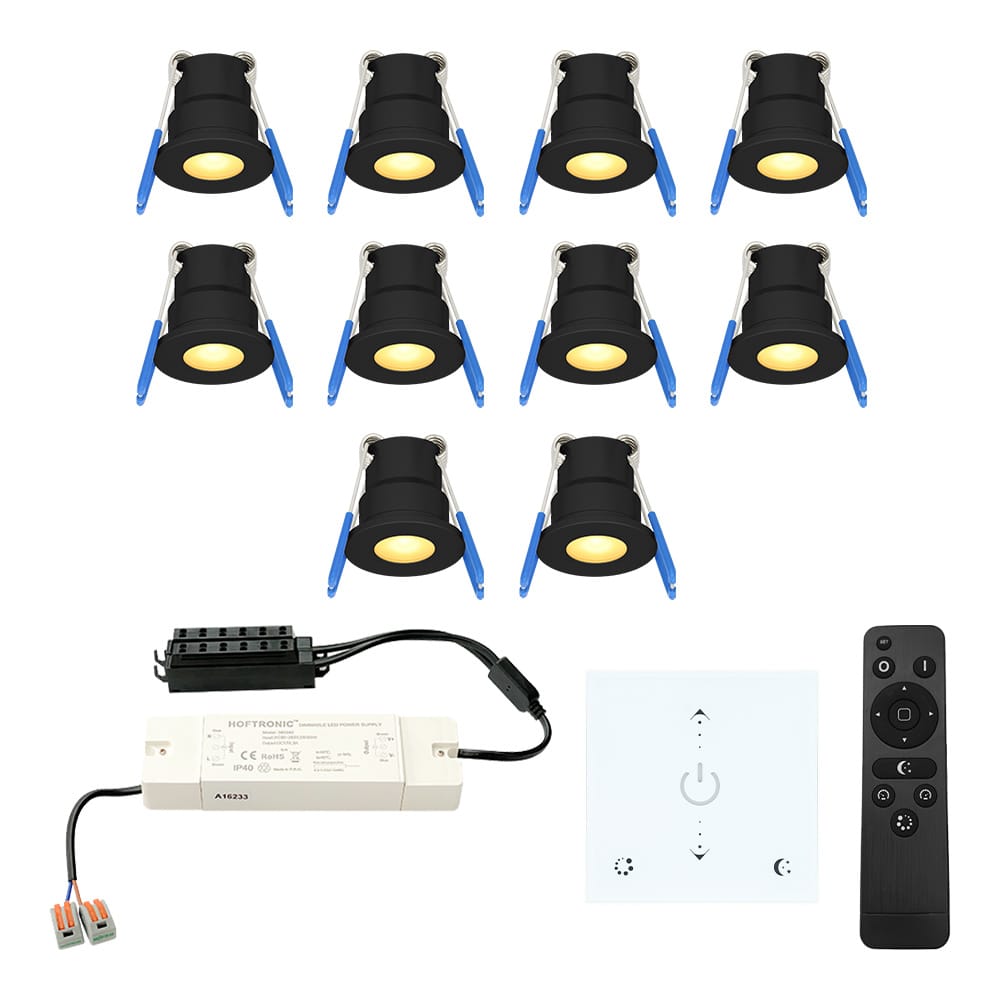 Set van 10 Milano LED Mini Inbouwspots met trafo en muurdimmer - 12 Volt 3 Watt 200 lumen - Dimbaar - Plat 34mm - 2700K - IP65 waterdicht - Zwart afbeelding