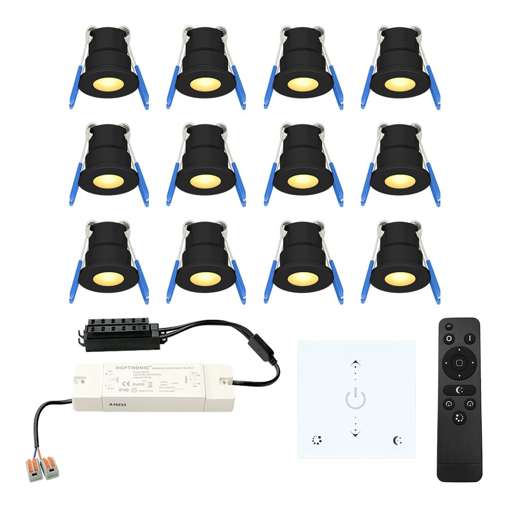 Set van 12 Milano LED Mini Inbouwspots met trafo en muurdimmer - 12 Volt 3 Watt 200 lumen - Dimbaar - Plat 34mm - 2700K - IP65 waterdicht - Zwart afbeelding