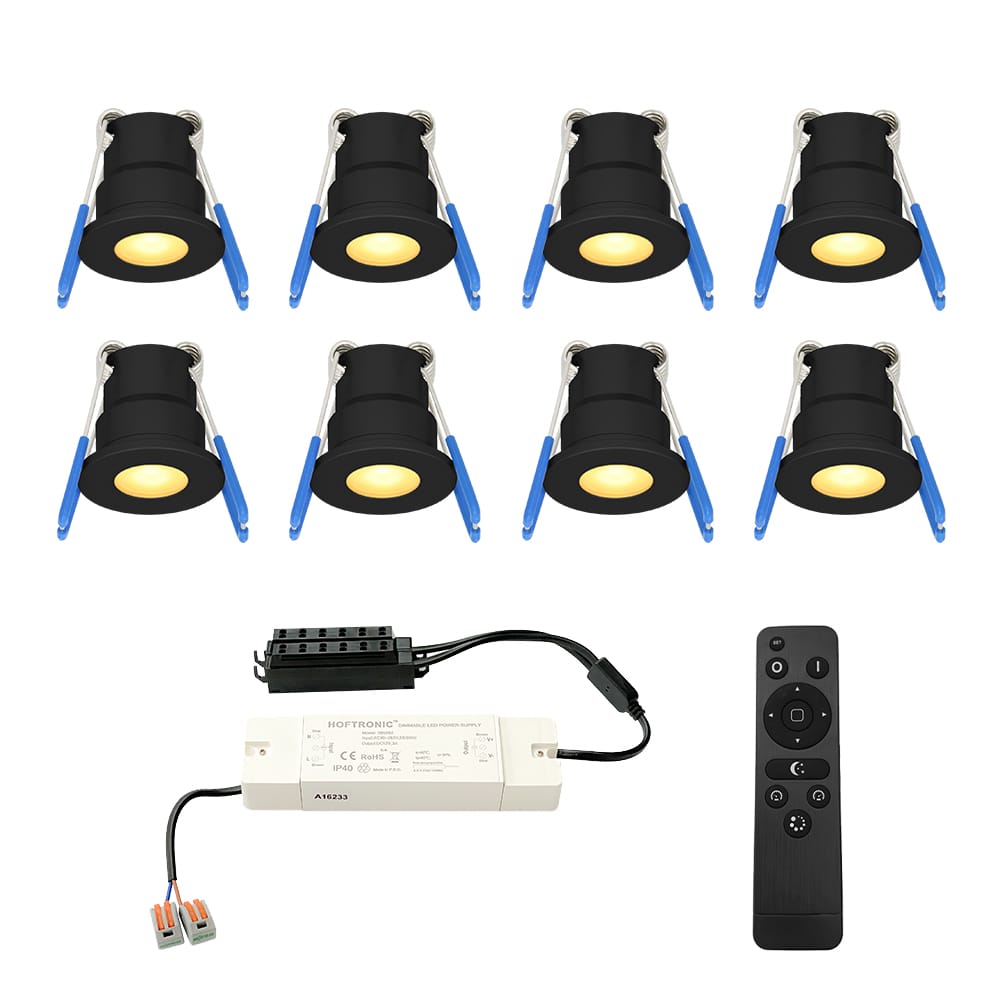 Set van 8 12V 3W - Mini LED Inbouwspot - Zwart - Dimbaar - Verzonken - Verandaverlichting - IP65 voor buiten - 2700K - Warm wit afbeelding