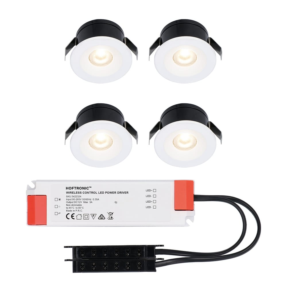 Set van 4 Cadiz LED Mini Inbouwspots met Trafo - 12 Volt 3 Watt 200 lumen - Plat 26mm - 2700K - IP44 waterdicht - Niet Dimbaar - Wit afbeelding