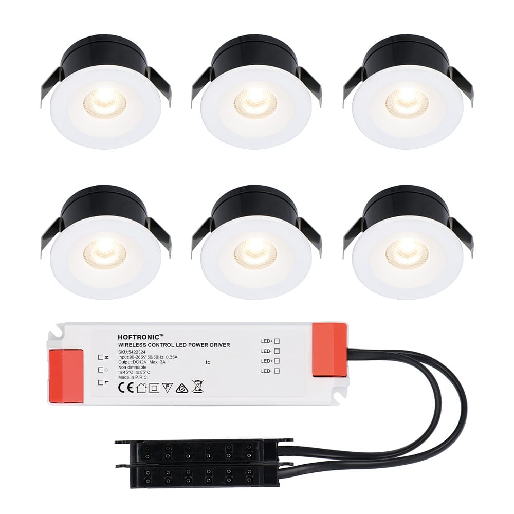 Set van 6 Cadiz LED Mini Inbouwspots met Trafo - 12 Volt 3 Watt 200 lumen - Plat 26mm - 2700K - IP44 waterdicht - Niet Dimbaar - Wit afbeelding