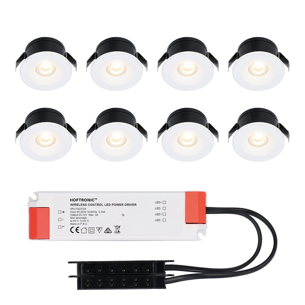 Set van 8 Cadiz LED Mini Inbouwspots met Trafo - 12 Volt 3 Watt 200 lumen - Plat 26mm - 2700K - IP44 waterdicht - Niet Dimbaar - Wit afbeelding